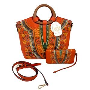 Handbag Republic Classic Boho Orange Tote Bag Set Vegan Leather Wallet Strap